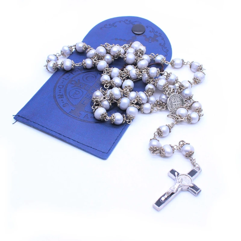 QIGO High Quality Pearl Rosary Necklace Long Cross Pendant Religious Jewelry | Украшения и аксессуары