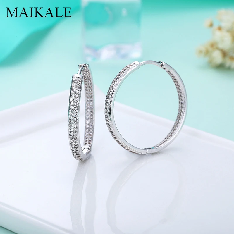 

MAIKALE Luxury 32MM Silver Hoop Earrings Paved AAA Cubic Zirconia Round Circle Earrings for Women Accessories Party Jewelry Gift