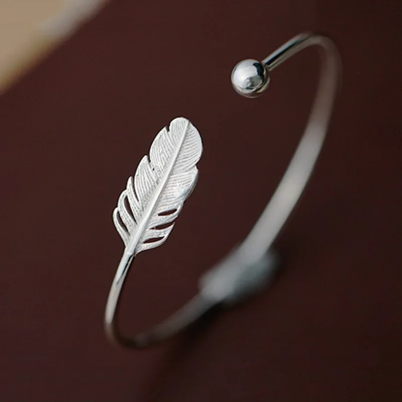 Женская мода 925 anillos серебряный браслет Шикарный Серебряный перо простой ангел браслет женский стильный браслет 999 серебро