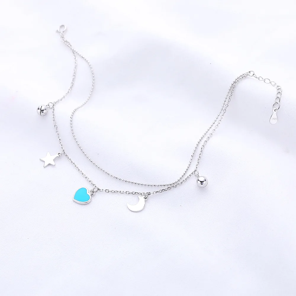 

Hot Selling Fashion Accessories S925 Fine Silver Moon And Stars Double Layer Anklet Women's Europe And America Versatile Elegant