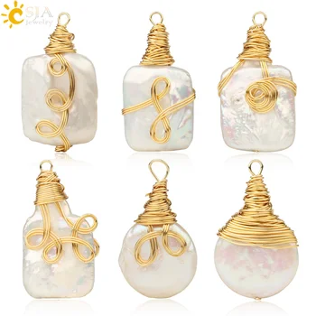 

CSJA Freshwater Pearl Small Charms Round Square Flat Beads Handmade Wire Wrap Jewelry Findings for Making Baroque Earrings G262