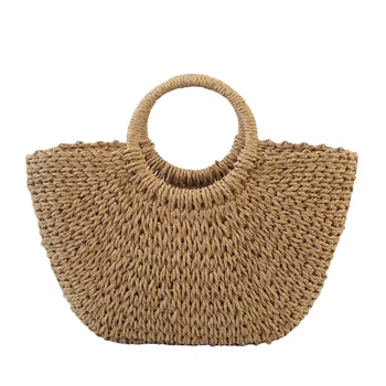 

Best Selling Ladies Handbags Handmade Solid Color Woven Straw Bag Summer Ladies Casual Handbag Bohemia Vacation Travel Beach Bag