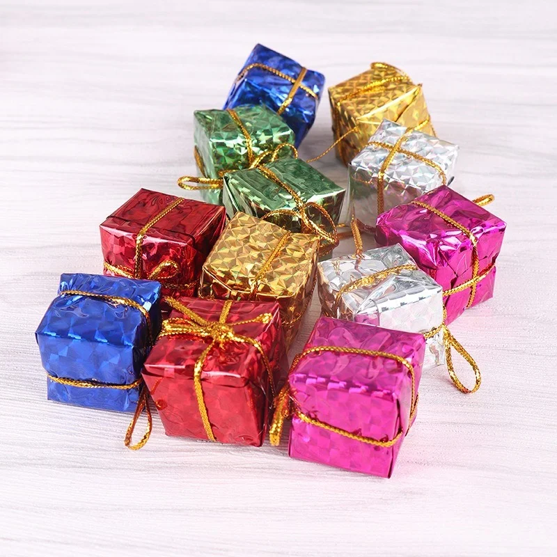 Laser Small drum Christmas Ornament colorful Mini Gift box Christmas Tree pendant New Year ornaments Decorations 12 pcs/bag