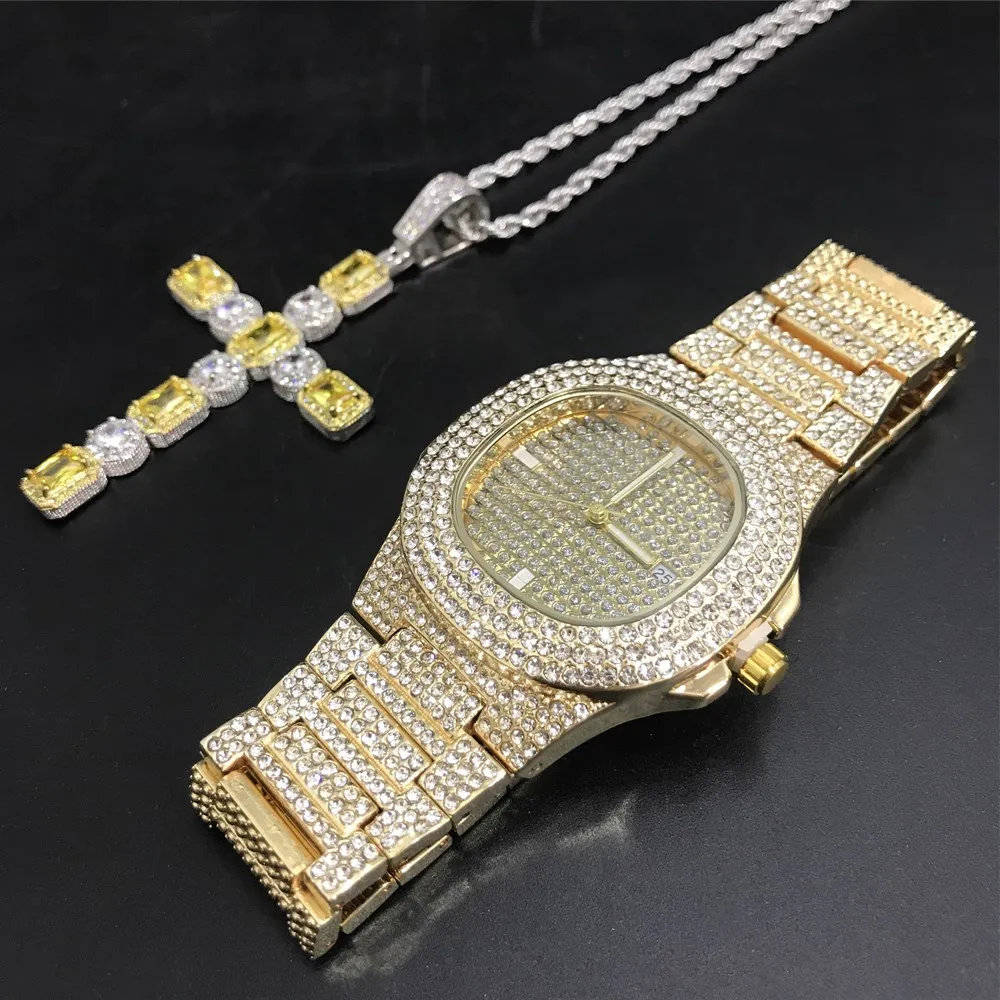 Роскошные мужские часы и ожерелье комплект хип хоп золотого серебряного цвета