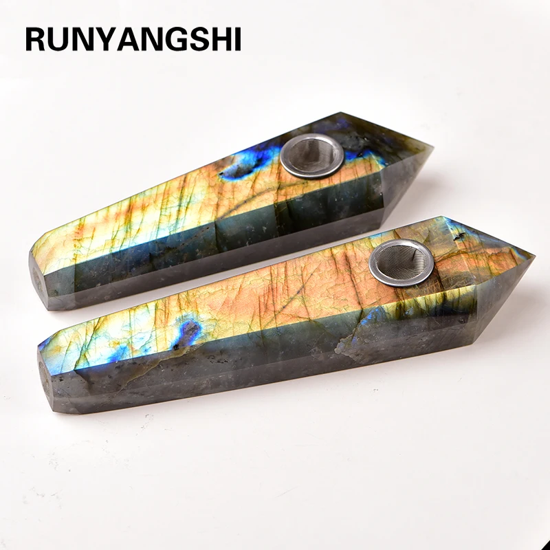 

Runyangshi 1pc 100% natural labrador stone crystal pipe moonstone smoke pipe healing crystal
