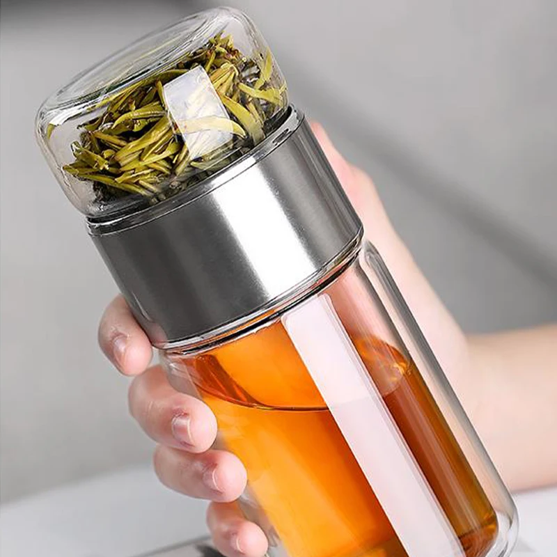 390 ml tevandflaske med højt borosilikatglas, dobbeltlags tevandkop, infuser, tumbler, drikkeglas, vandflaske med tefilter_voghion.com