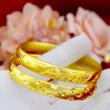 

High Quality Full Sky Stars Yellow Gold Filled Bangle Vintage Womens Dragon Phoenix Carved Bracelet Unopenable