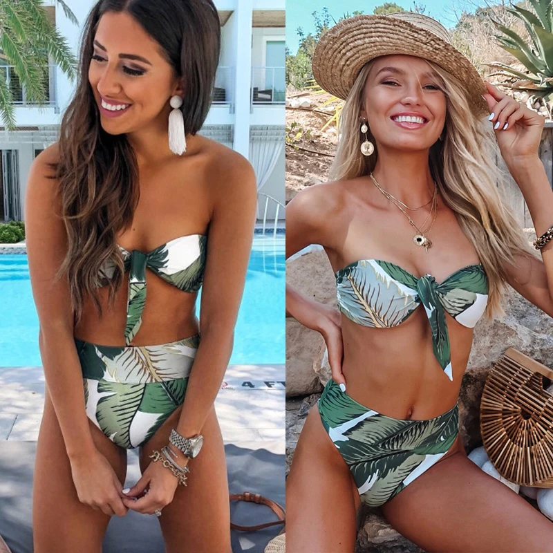 

Women Swimsuit Leaf Print High Waist Bikini Off Shoulder Push Up Swimwear Sexy Bandeau Bathing Suit Plus Size Swimsuit For Women