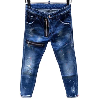 

season Starbsgs dsq four jeans men's letter leather hole paint dot hip hop slim black Elastic Italian pop brand D2d2 NEW