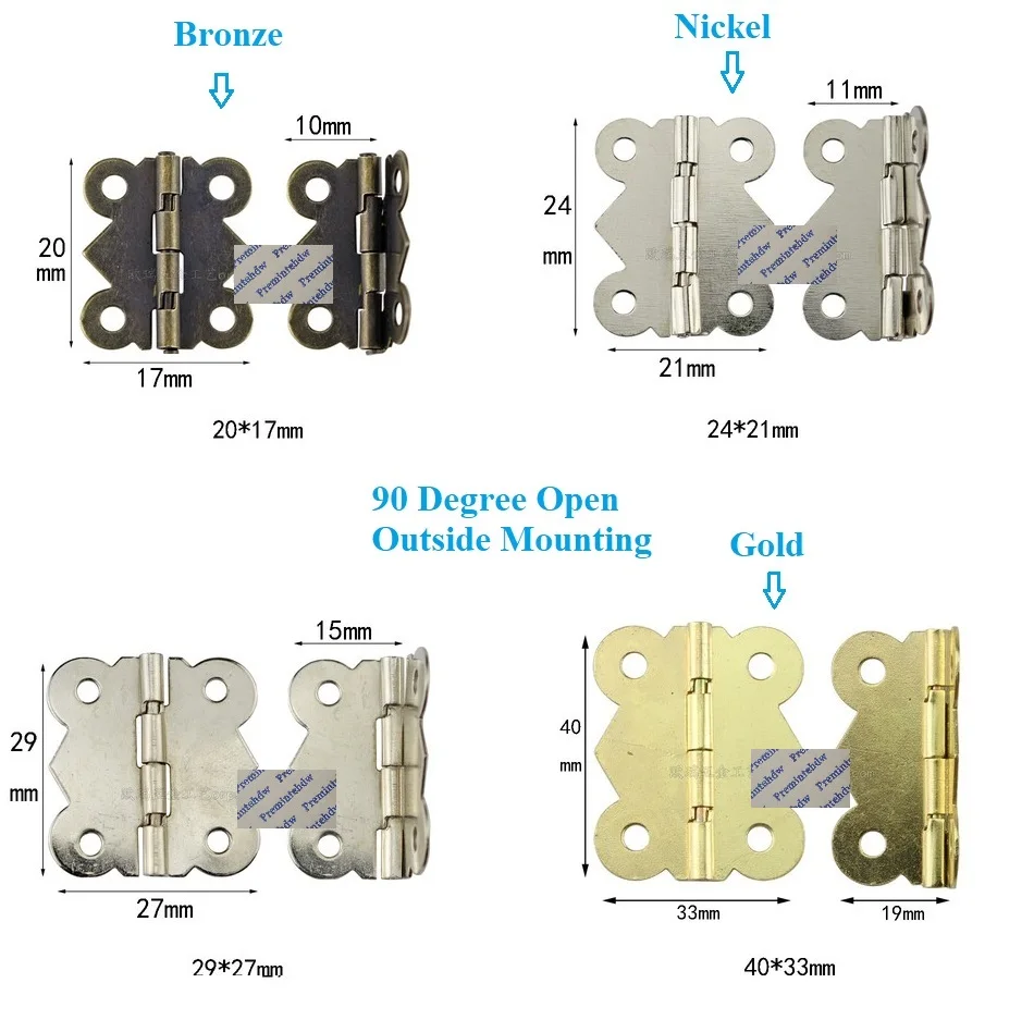 100Pcs/Lot Silver Bronze Gold Iron Butterfly Pattern 90 Degrees Open Hinge With Screw Gift Jewelry Box DIY Handcraft