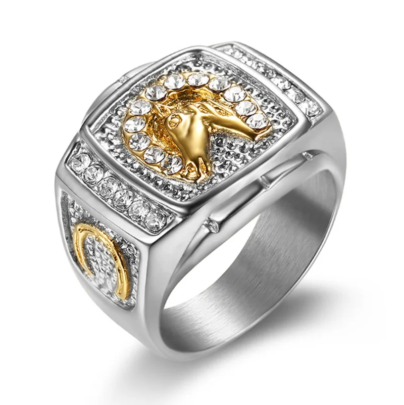 Zircon Inlaid Gold Plated Horse Ring for Men Jewelry