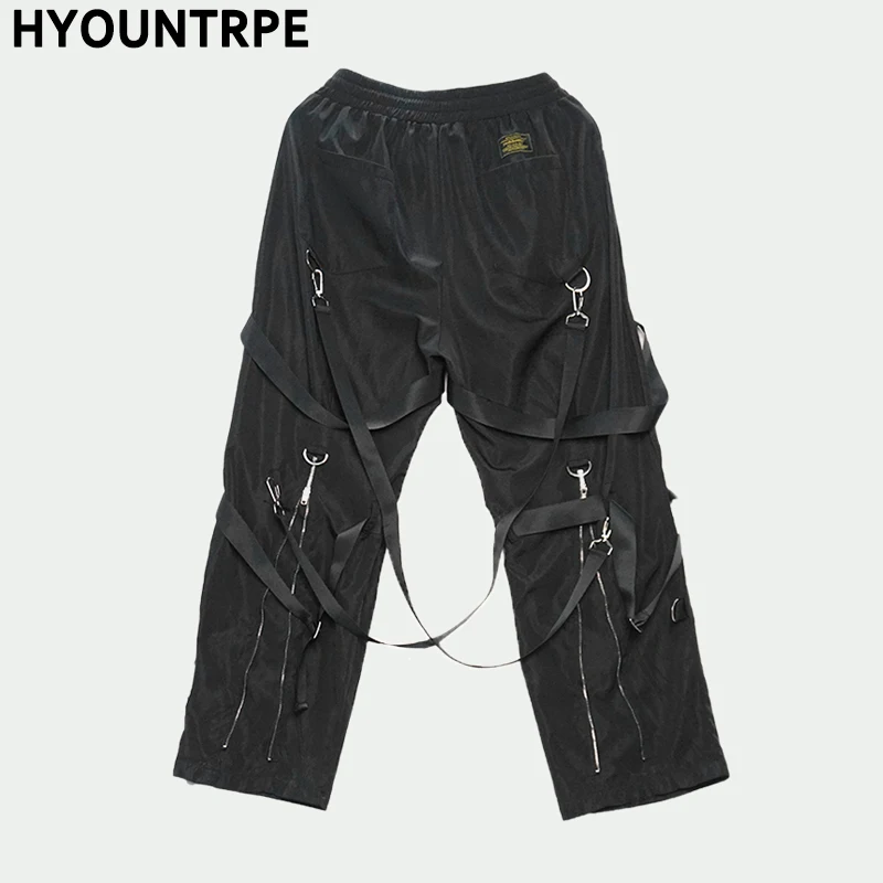 Back Zipper Loose Elastic Waist Cargo Pants Autumn New Streetwear Drawstring Pants Trousers Men Harajuku Twine Belts Casual Pant