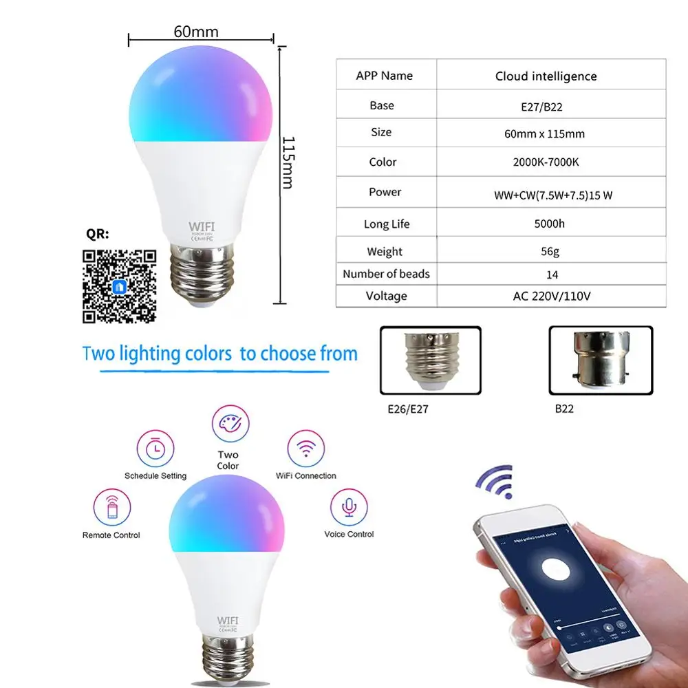 

15W Wifi Smart Light Bulb RGB White Magic Lamdimmable LED E27 B22 Wifi Bulb Compatible APP Control LED Light For Home Decoration