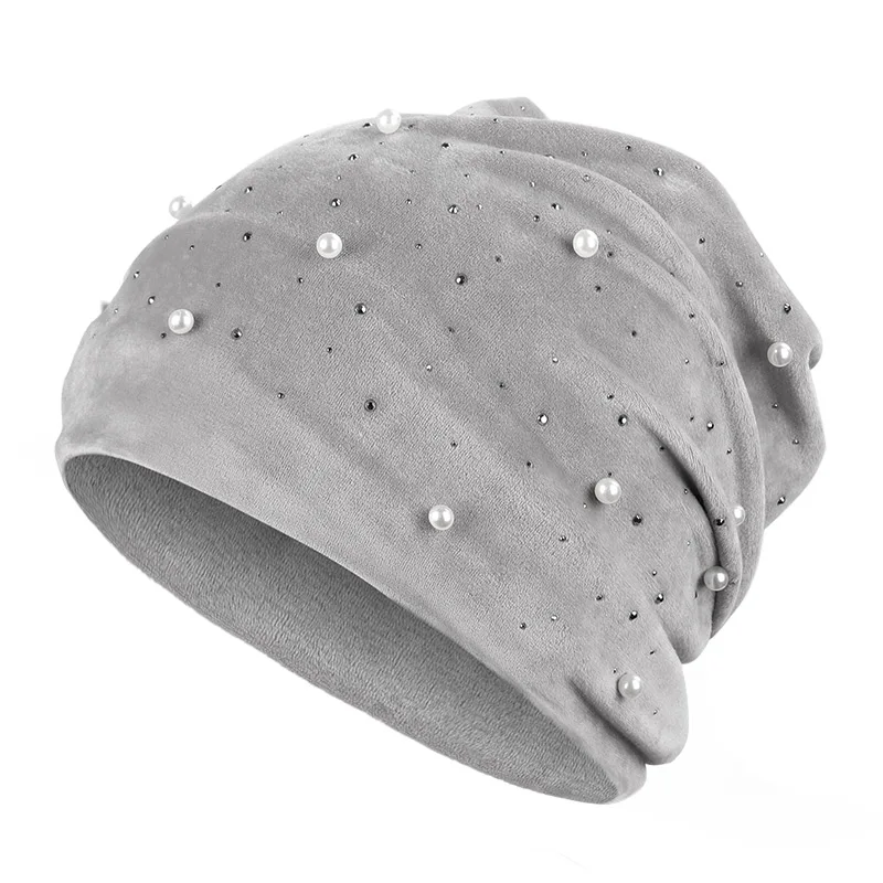Модная женская зимняя шапка, хлопковая шапка с жемчугом, бархатная элегантная женская вязаная Шапочка, зимняя уличная теплая качественная хлопковая шапка - Цвет: Light gray