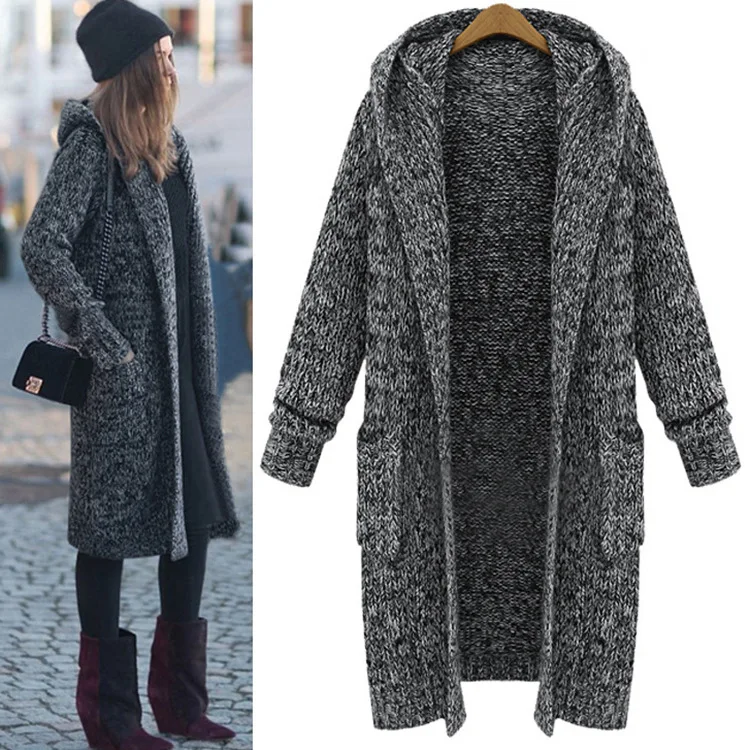 

large-size winter sweater in Europe and America in 2019 loose-fitting super-long hooded and thick-knit cardigan long sweater