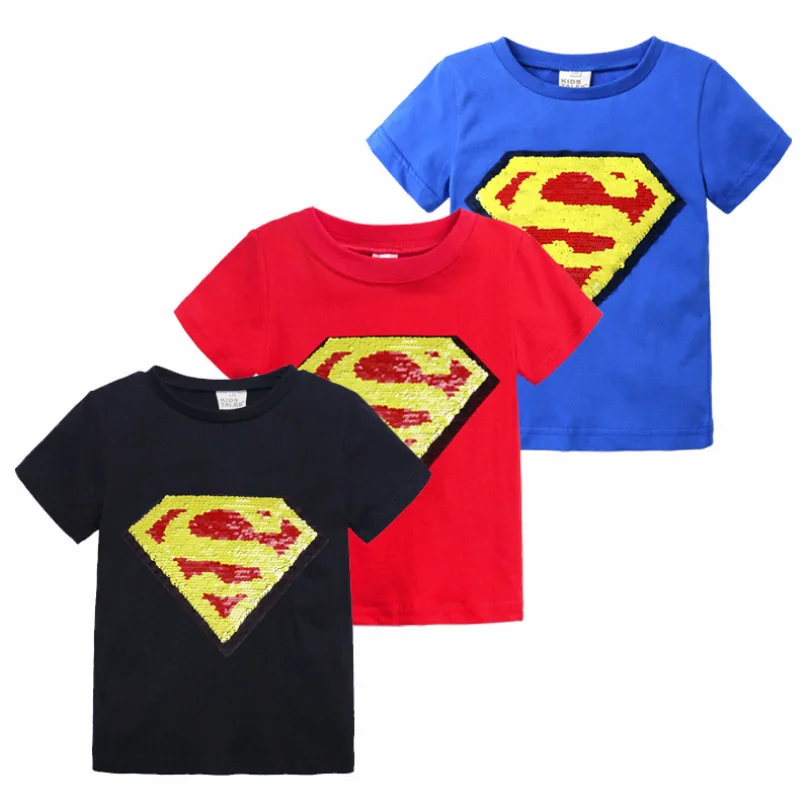 

Kids Cool Change Color Magic Discoloration Batman Change Superman Girls T-shirts Sequin Paillettes T Shirt Tops Boys Tee 2-8Y