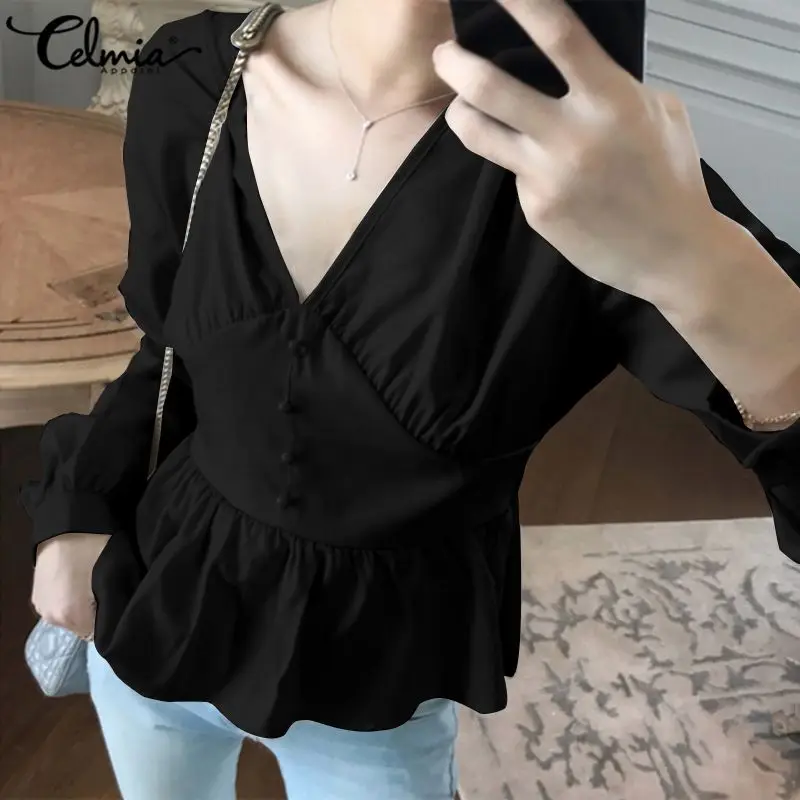 Celmia Women Fashion Solid Ruffles Blouses Long Sleeve Buttons Casual Shirts Ladies Sexy V-Neck OL Tops Elegant Blusas Femininas