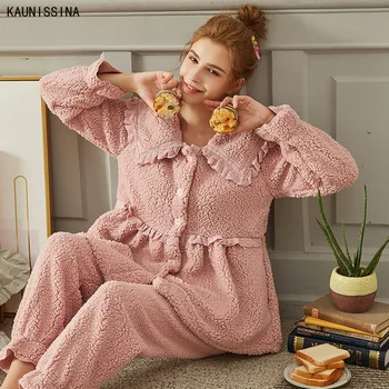 

Women Winter Pajamas Sets Thicken Warm Lamb Velvet Nightwear Suits Sweet Doll Collar Buttons Pajama Ladies Warm Home Clothes