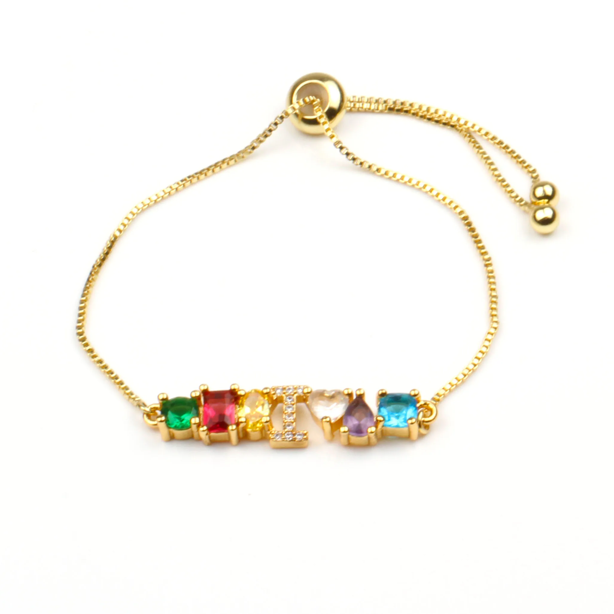 Hot Trendy Women Gold Color Bracelet New Rainbow Cubic Zircon A-Z Letter Initials For Women Charm Bracelet Jewelry Accessories - Окраска металла: I