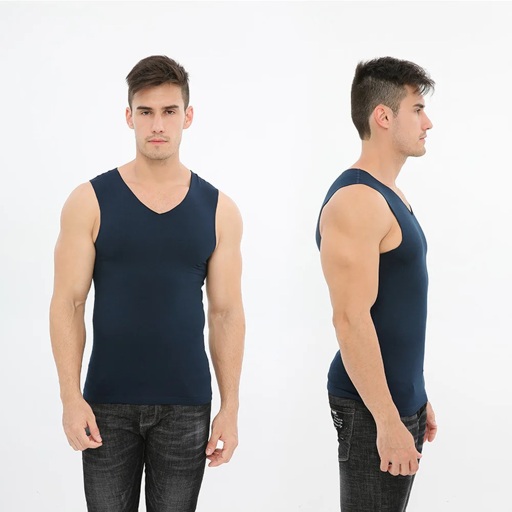 Navy blue Мужской бесшовный теплый жилет Зимняя мужская Тонкая версия плюс длинный плюшевый горячий нижний мужской жилет наклейки v-образный вырез - Цвет: Navy blue