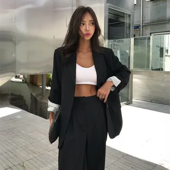 

2020 Elegant Black Single-breasted Women Blazer Fashion Vintage Solid Loose Work Wear Tops Outerwear Female Jacket