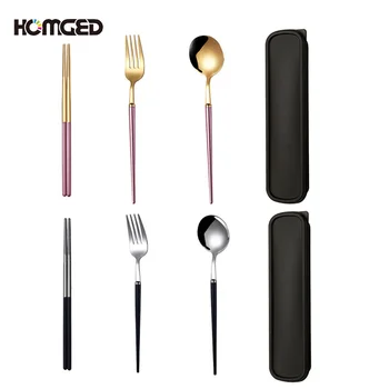 

Nordic Black Chopsticks Spoon Set Stainless Steel Creative Cutlery Talheres Dourados Simple Colorful Black Cutlery Set Box FF60D