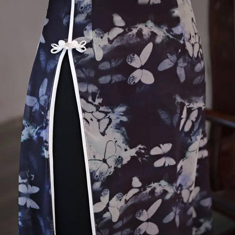 Новое поступление в китайском стиле Для женщин средней длины Cheongsam модные короткие вышивка Стиль Qipao шифоновое платье костюм S M L XL XXL XXXL