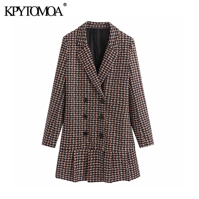 Beste Vintage Stijlvolle Double Breasted Houndstooth Pak Stijl Mini Jurk Vrouwen 2020 Fashion Lange Mouwen Pleats Vrouwelijke Jurken Vestido