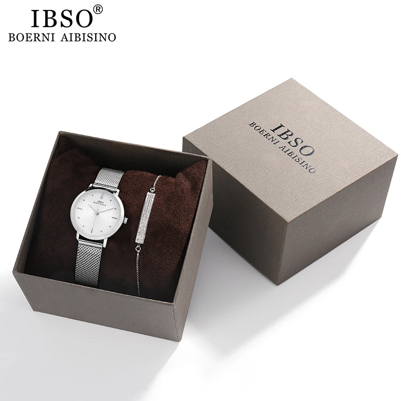 Watches-Set Mesh Silver IBSO Birthday-Gift Stainless-Steel Womens Ultra-Thin Ladies