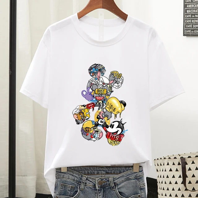 Disney Colorful Mickey Mouse T Shirt Women 2021 Summer Tshirt Graphic Tee Cool Women T-shirt Female Tee Shirt 90s Aesthetic Tops White
