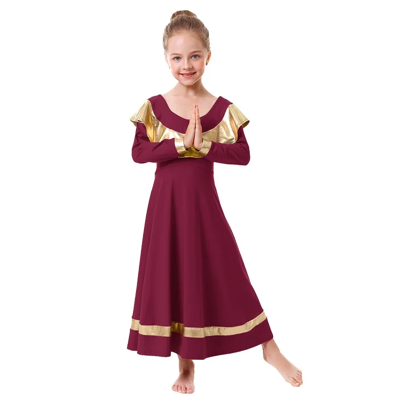wine red Ballet Dress Girls Child Liturgical Praise Dance Dress Metallic Splice Praise Dress Girls Kids Church Clothes for Girls Dance - Цвет: wine red