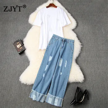 

High Street Fashion Summer Pants 2 Piece Set Casual Outfits Women New 2020 Short Sleeve Diamonds T Shirt+Hole Jeans Matching Set