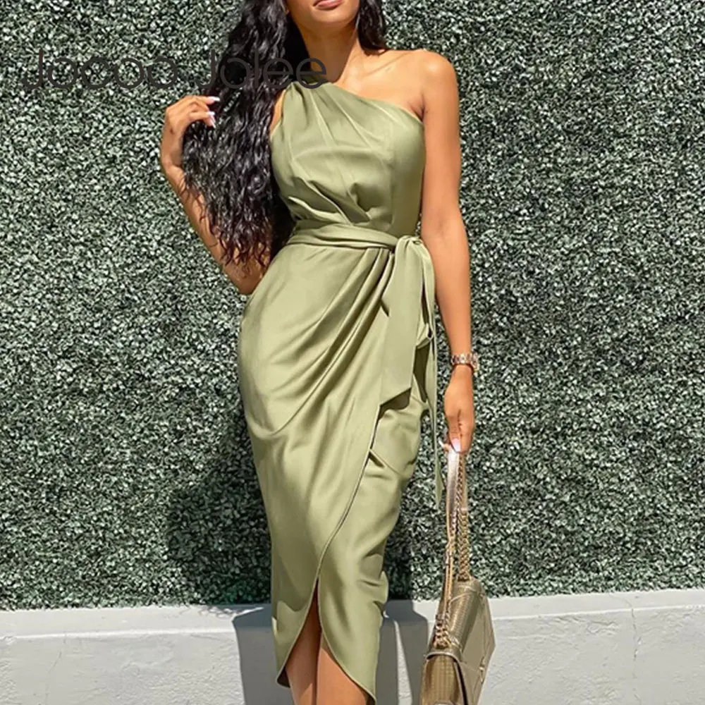 

Jocoo Jolee Elegant Stain One Shoulder Green Dress Retro Ruched Bodycon Dress Lace Up Waist Slim Midi Dress Bandage Party Dress