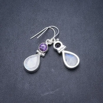 

Natural Moonstone and Amethyst Handmade Unique 925 Sterling Silver Earrings 1.25" Y2632
