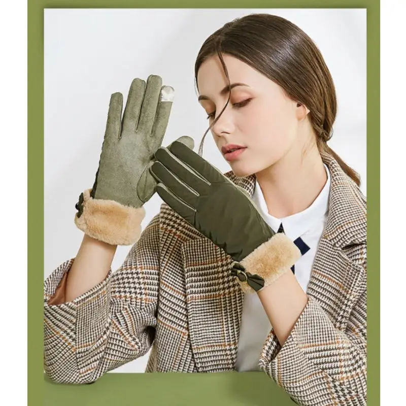 Womens Winter Thickened Plush Touch Screen Gloves with O-Ring Bowknot Suede Thermal Mittens Driving Outdoor Ski Wrist Warmer