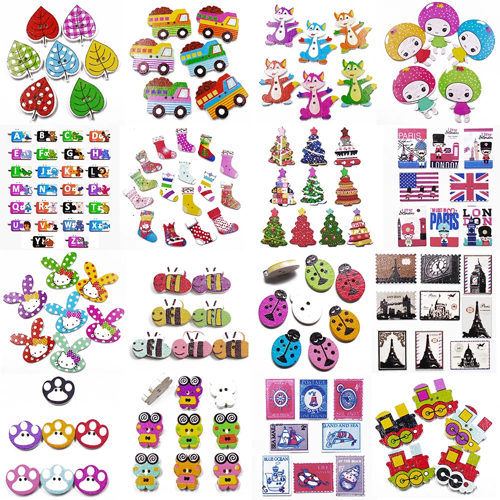 30pcs Mixed Colors Wood Painting Cartoon Kids Wooden Buttons Diy Sewing Scrapbooking Crafts For Child Handmade Button 2 Holes Buttons Aliexpress
