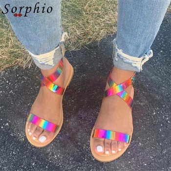 

Sorphio Casual Low Heel Beach Shoes Woman Hot Sale Claissc Flat Heel Sandals Women New Ins Hot Rainbow Metallic Sandals