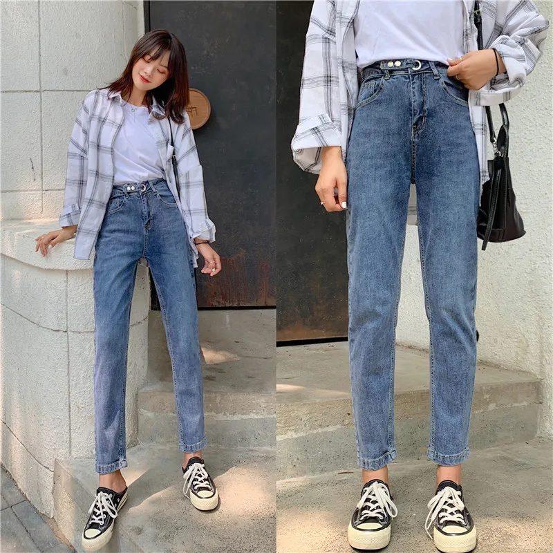 

S-XL 2 colors korean style adjustable waist High Waist jeans Lady small straight denim jeans womens mom jeans womans (Z8729)