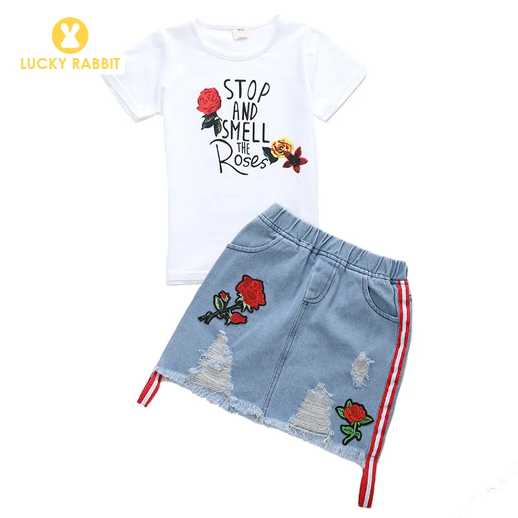 5-14 Years Old Kids Clothes 2 Piece Embroidery Rose Designer Children White Two Piece Short T-Shirt And Denim Kids Skirt Set