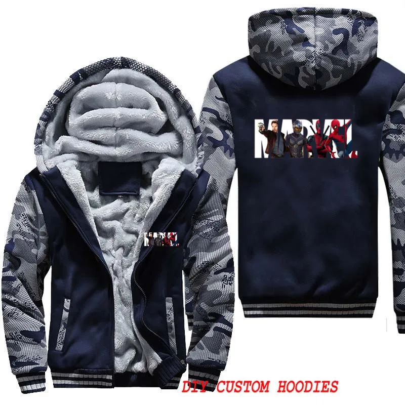 

Winter Sweatshirt Print Marvel Superman Deadpool Spiderman Jacket Hoodies Men New Fashion Camouflage Sleeve Coats Fleece Thicken