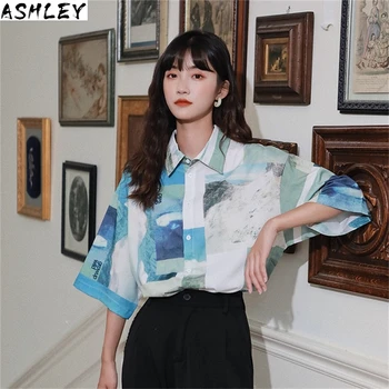 

Printed Hit Women Color Blouse New Lapel Three-quarter Sleeve Loose Fit Shirt Fashion Tide Spring Summer 2020