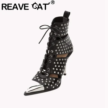 

REAVE CAT Ankle Boots Punk Rivets Gladiator Pointed Toe 9.5cm Thin high Heels Genuine Leather Cross-tied Plus size 34-43 A2801