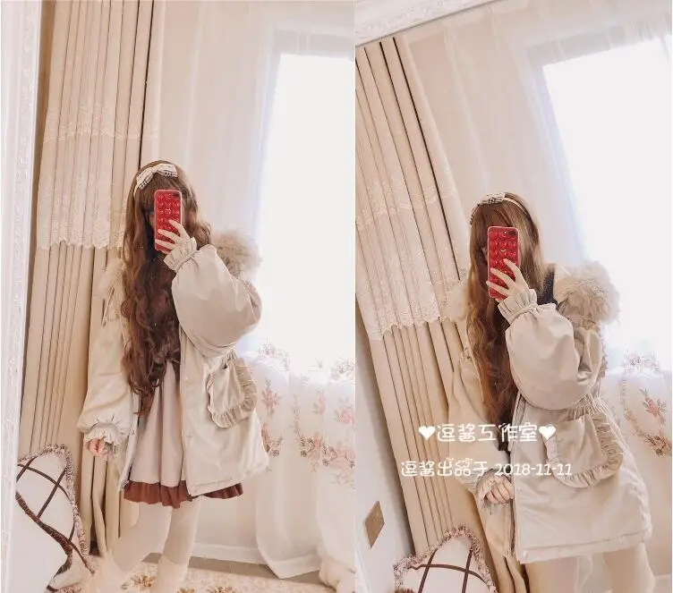 Winter sweet lolita coat quilted thicken fur collar gothic lolita overcoat puff sleeve pockets kawaii girl cotton-padded clothes