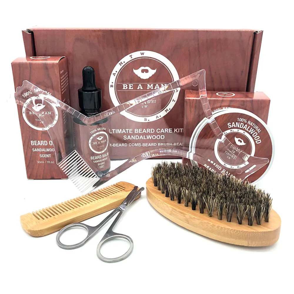 6pcs kit Men Beard Kit Barba Grooming Beard Set Beard Oil Moisturizing Wax Blam Comb Essence 2