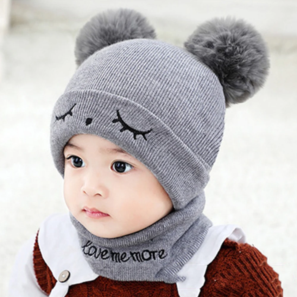 LOOZYKIT Baby Hat Winter 2Pcs Toddler Baby Girls Boys Solid Hat Winter Warm Knitted Beanie Cap+Scarf Keep Warm Set Kids Cap - Цвет: Style2 gray