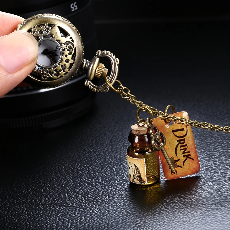 Мужские и женские карманные часы в ретро стиле с бронзовым циферблатом в китайском стиле, ностальгическое ожерелье, карманные часы с подвеской для ключей, бутылка желаний