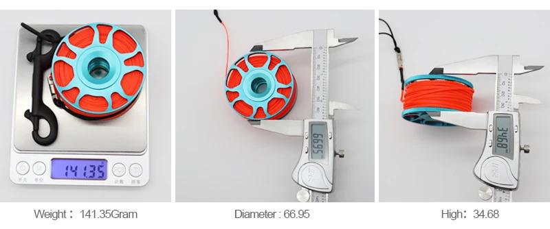 DIVER Scuba Diving Aluminium Finger Spool Reel 30M Line with Stainless Steel Snap Bolt Clip White orange red fluorescent yellow 5