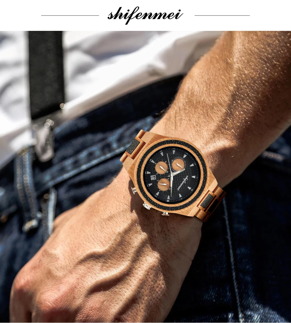 Shifenmei мужские часы деревянные часы Отображение даты повседневные мужские роскошные деревянные часы хронограф спортивные военные