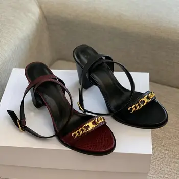 

Hot Sale Summer Woman Shoes Fashion New Sandals High Heels Genuine Cow Leather Metal Decor Ankle Strap Sandals Zapatos De Mujer