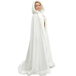 2020 Newest Warm Long Faux Fur Trim White Ivory Bridal Hooded Cloak Wedding Cape Winter Wedding Coat Dress Shawl Jacket BM155